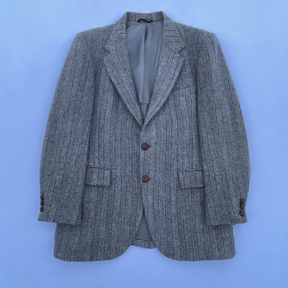 Vintage 1960s Harris Tweed Herringbone Blazer 42R Brown 100% Wool Made In USA - Picture 1 of 16